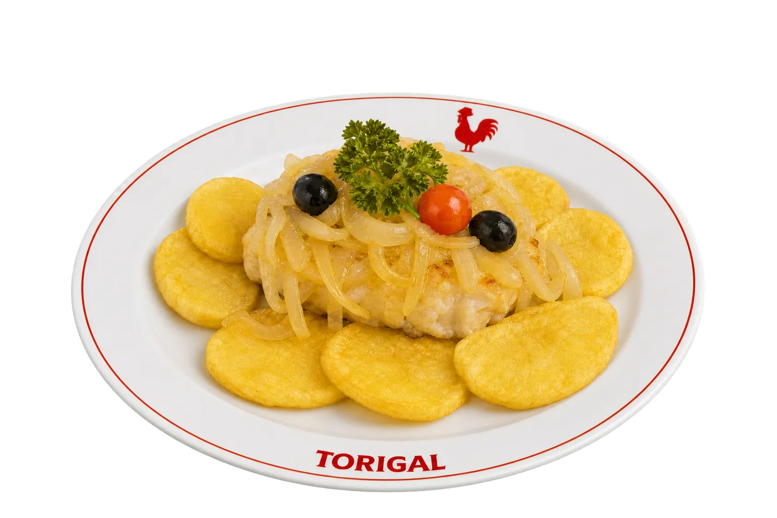 Pavé de morue Torigal avec sauce aux oignons et pommes de terre en rondelles
